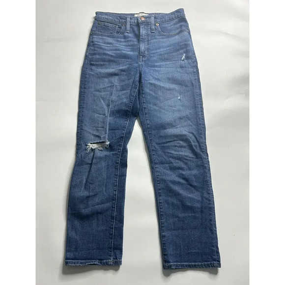 Madewell Jeans Women's 27 Classic Straight Jean Medium Wash Denim Distressed - Picture 1 of 8